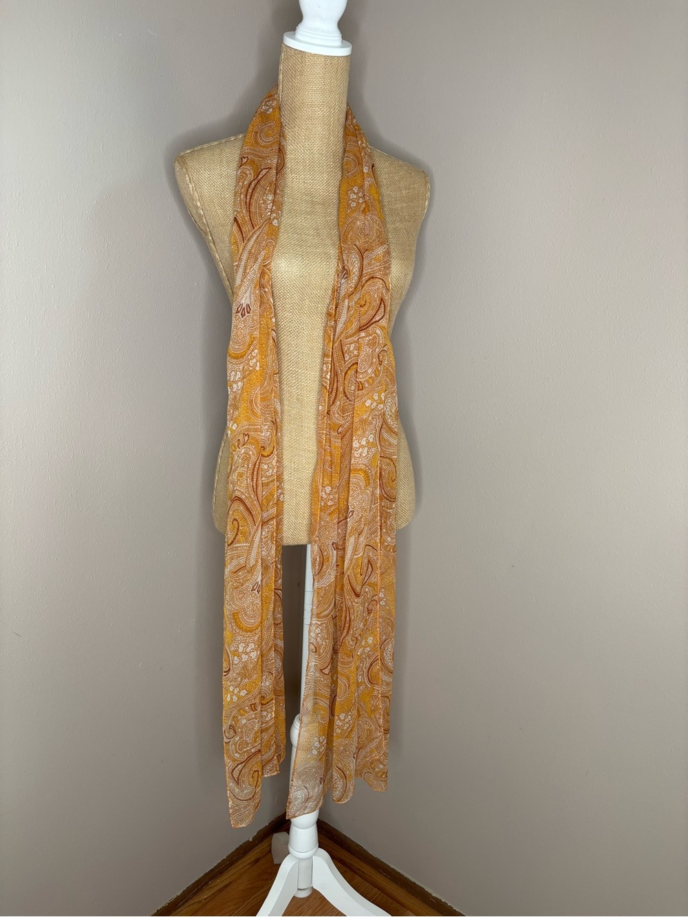 Silk Lightweight Paisley Print Scarf in Mustard